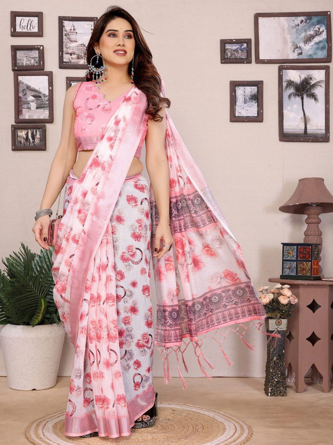 Pure Linen Block Print Saree